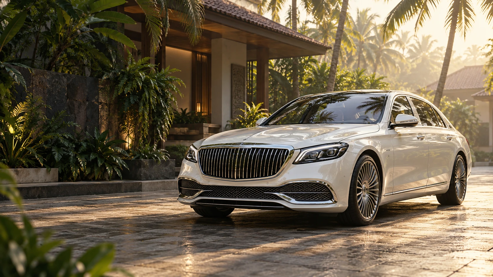 Illustrated campaign scene of a luxury white sedan at a tropical Kerala villa